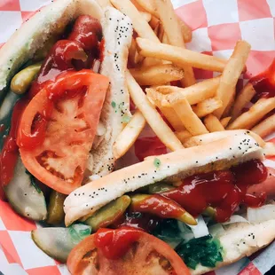 a hot dog and french fries