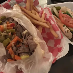 Italian beef sandwich (dipped and with hot peppers) combo and the Chicago dog.