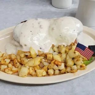 The cowboy benedict is a favorite! Instead of ham, they use sausage patties!