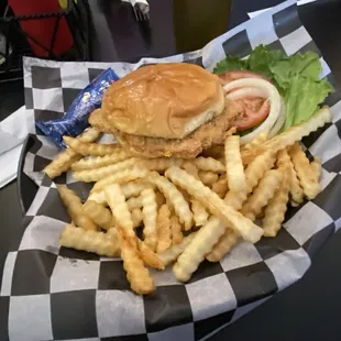 a chicken sandwich and french fries