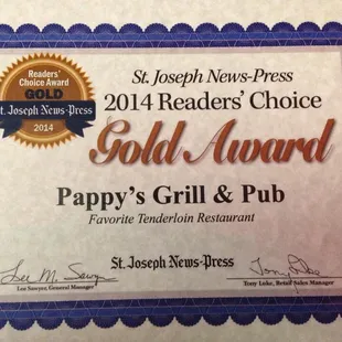 One of our awards for Best Tenderloin in St. Joseph.