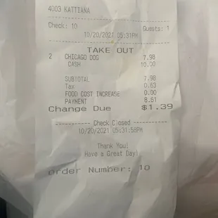a receipt for a takeout