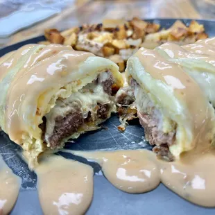 Inside of a Reuben omelette