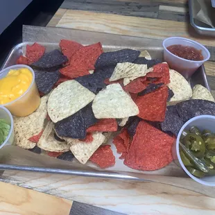 Nachos. Added cheese and jalapeños. Very good.