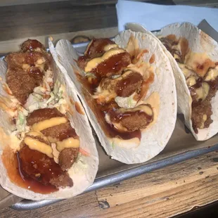 Shrimp Tacos. Excellent flavor. Shrimp overcooked.