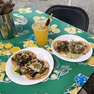 ig: @whatsviveating  |  suadero and nopalitos (left), mango agua fresca, and suadero and carnitas (right)