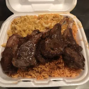 Lamb with mac &amp; cheese, and orange rice