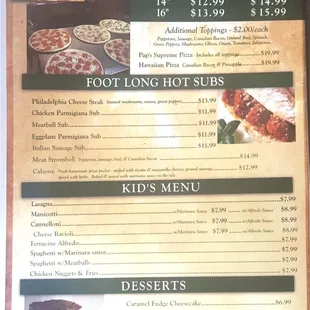 Pizzas, Subs, Kids menu and Desserts