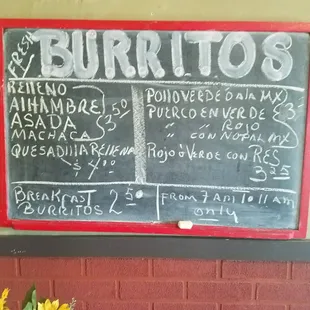 The chalkboard burrito menu as seen on a Sunday.