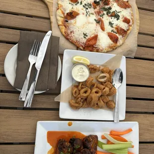 Appetizers! Pizza, Calamari and wings.
