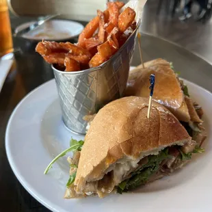 Braised Pork and Caramelized Apple Melt with sweet potato fries, requested garlic added to the fries.