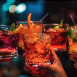 a group of people toasting with cocktails