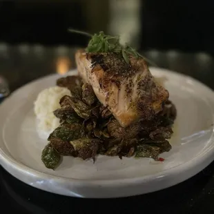 Salmon, Mashed potatoes, and Brussel sprouts