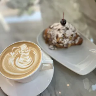 Latte and cherry almond croissant