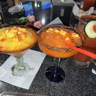 Chamango margarita, mango fire margarita and Michelada