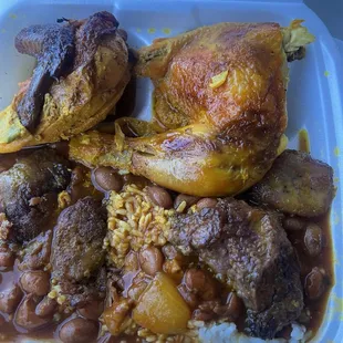 Half chicken rice and beans, comes with plantain $10