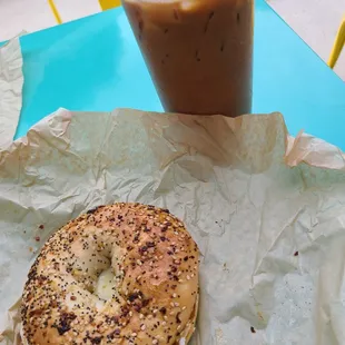 a bagel and iced coffee