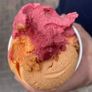 Raspberry, mango and orange gelato! They included a mini cookie on top but I couldn&apos;t snap a pic fast enough lol