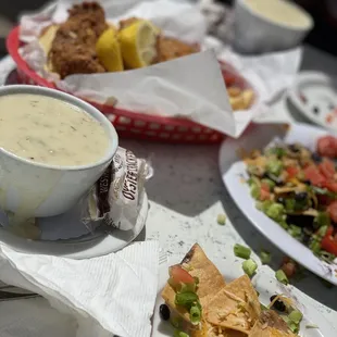 New England Clam Chowder Soup, Fish and Chips