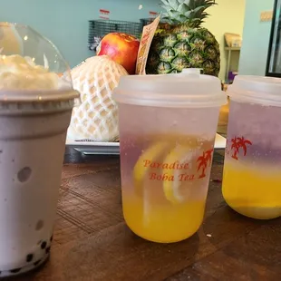 Coconut shake with taro &amp; boba. 2 butterfly teas with lemonade. The lemonade taste like freshly squeezed lemons. All were refreshing.