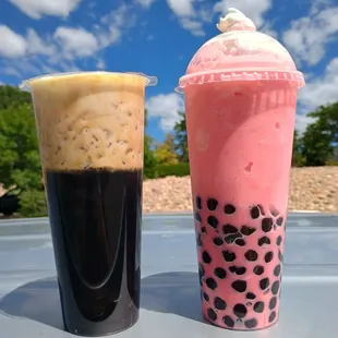 Brackish Coffee and my daughter's ridiculous order of so much extra boba in a watermelon milkshake.