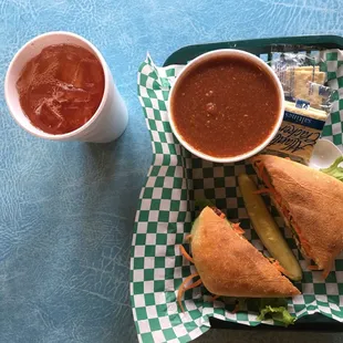 a sandwich and a cup of soup
