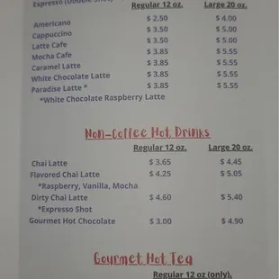 the menu of the restaurant