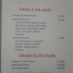 a menu for a doughnut shop
