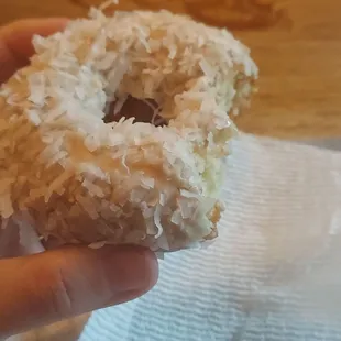 a hand holding a coconut covered donut