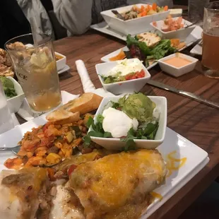 Burrito, hamburger, nachos, chicken Florentine