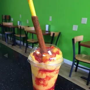 Yummy mangonada!  It's perfect for your sweet, sour , &amp; spicy cravings,  it comes in 3 sizes &amp; this one is the regular sz.