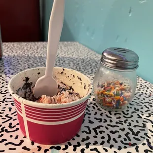a bowl of ice cream and a spoon