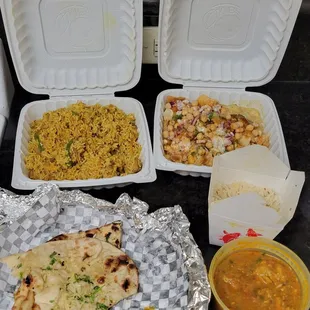 Paprika Chaat, Chicken Biryan,Chicken Curry and Garlic Naan.