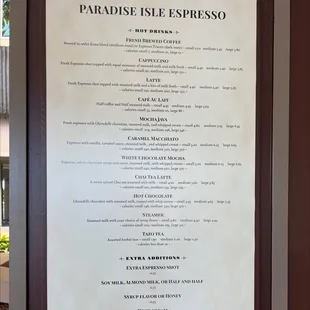 the menu for the restaurant