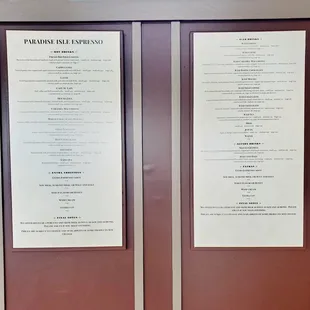 two menus on the wall