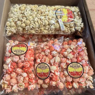 Large and small bags of kettle corn.