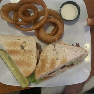 Tasty Onion rings and BLT  the bacon crispy.