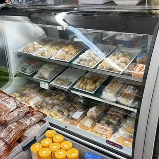 a display case filled with food