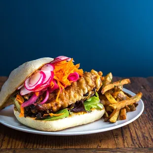 a pulled pork sandwich with fries