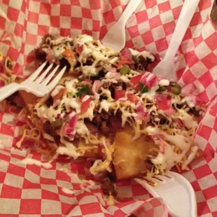 Monster nachos with pita chips (not on the menu)