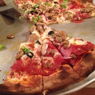 Meat lovers pizza (no, the crust is NOT burned!)