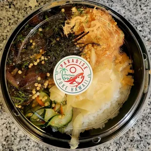 2-Choice Poke Bowl $18.00 + Sushi Rice $1.00 (11/01/24). @ParadisePokeHI #HawaiiKai @HawaiiKaiTowneCenter #Hawaii #Oahu #Poke #FoodPorn