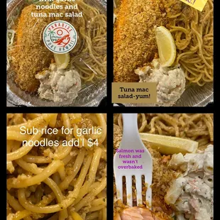 Fresh Atlanta baked salmon with Tuna Mac and garlic noodles for add&apos;l $4. Worth it and so garlicky! Nice tuna Mac salad.