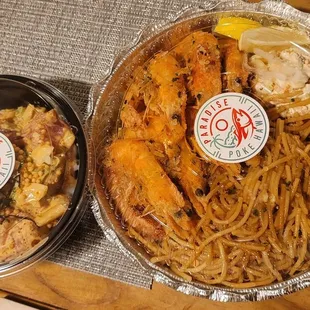 Spicy ahi bowl (1 choice) &amp; garlic shrimp with garlic noodles and Mac salad