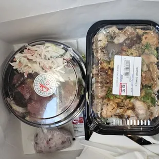 1 poke bowl, 2 bento, a ume crunch rice ball.