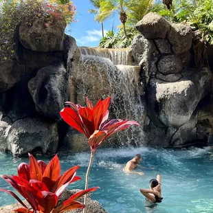 Waterfall feature and waterslide exit