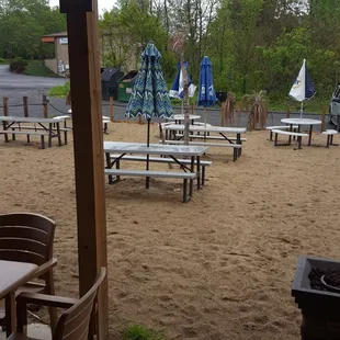 picnic tables and umbrellas on the beach