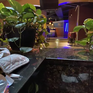 Dance floor (foreground) and karaoke stage (blue lights) viewed from the tables behind the stage- perfect seating to see it all