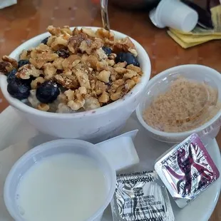Oatmeal with nuts &amp; blueberries. Breakfast under $5.