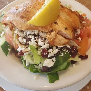 Grilled Salmon Cranberry salad with Feta cheese and Poppy Seed dressing. Delicious!